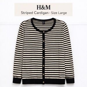 H&M Cream / Black Striped Cardigan Sweater Size Large Button Front Cotton Knit